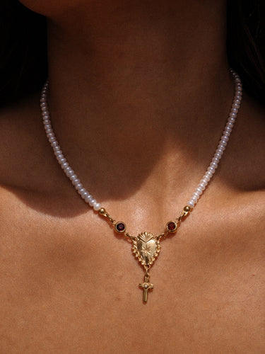 Sacred Heart Pearl Rosary Choker - Garnet