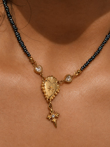 Sacred Heart Black Pearl Rosary Choker