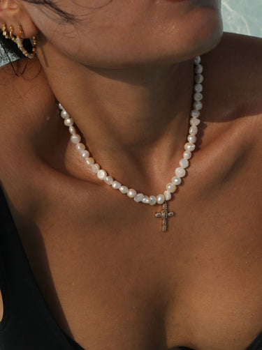 Rafaela Pearl Cross Necklace - Clear