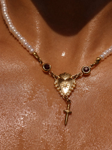 Sacred Heart Pearl Rosary Choker - Garnet