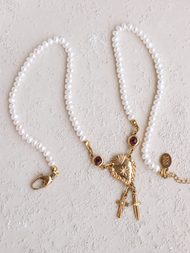 Sacred Heart Pearl Rosary Choker - Garnet