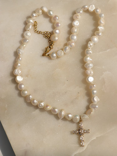 Rafaela Pearl Cross Necklace - Clear